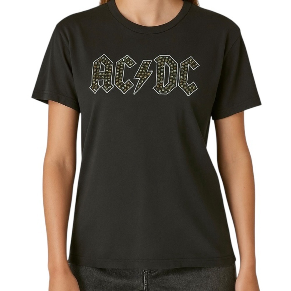 Lucky Brand Women's AC/DC Studded Boyfriend Tee Black Size M
